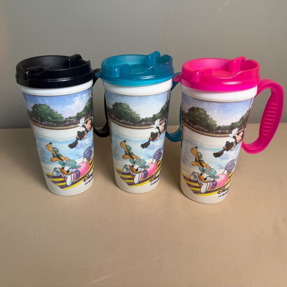 Vintage Disney Parks Resort Refillable Travel Mugs Set of 3 Minnie Donald Pluto